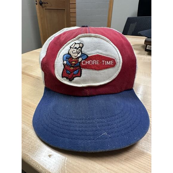 VTG Chore-Time Hat Rare 80's Super Pig Patch Trucker Cap Hat Snapback Red USA - Picture 1 of 8